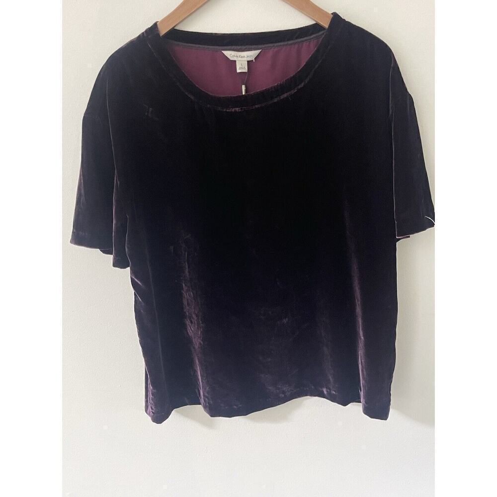 Calvin Klein Jeans Women's Large Purple Velvet Top Blouse Shirt Short Sleeve